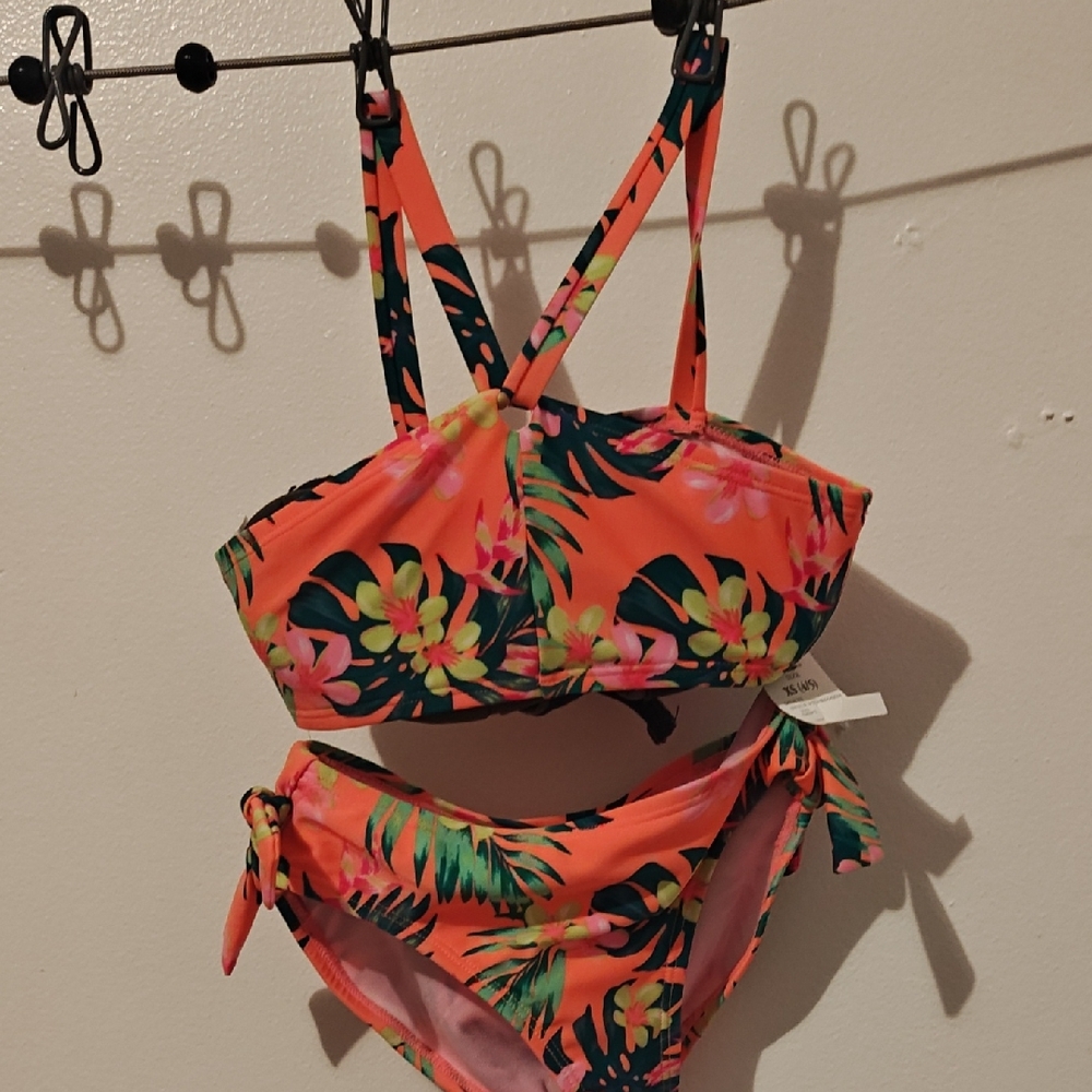 Art Class Tropical Floral Kids Bikini - Orange and Green